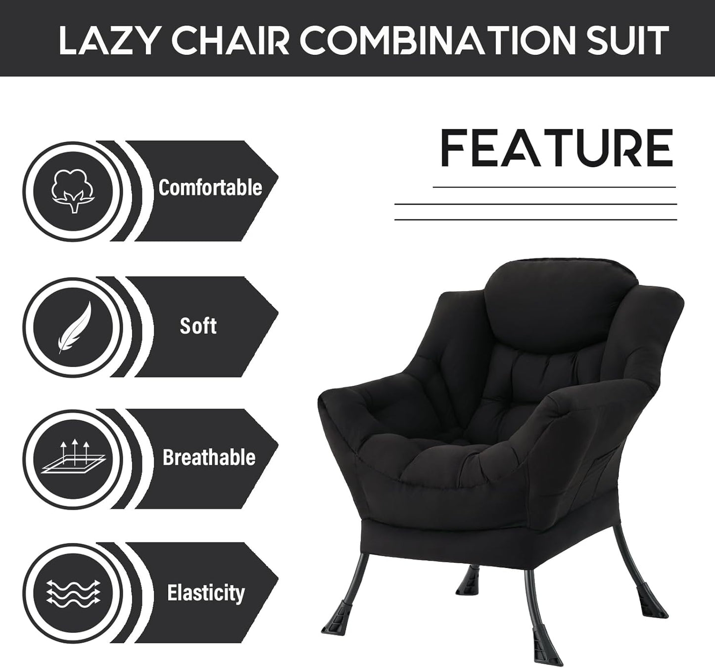 LITA Lazy Chair with Ottoman, Modern Accent Leisure Upholstered Sofa, Contemporary Lounge Reading Chair with Armrests and a Side Pocket for Living Room, Bedroom & Small Space, Single Black