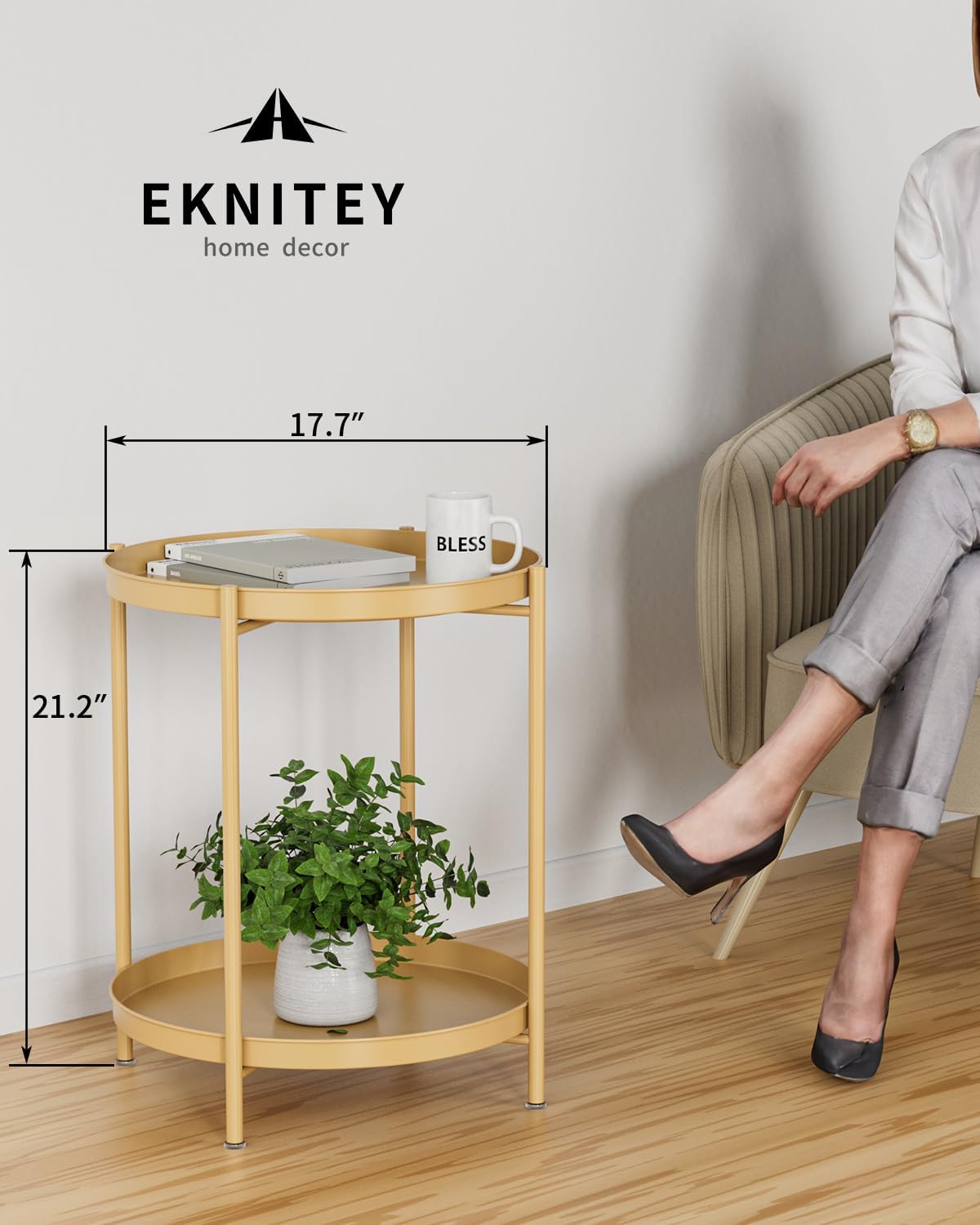 EKNITEY 2 Tier Side Table - Metal end Table Waterproof Small Sofa Coffee Side Tables Bedroom Indoor Outdoor with Removable Tray for Living Room Bedroom Balcony and Office