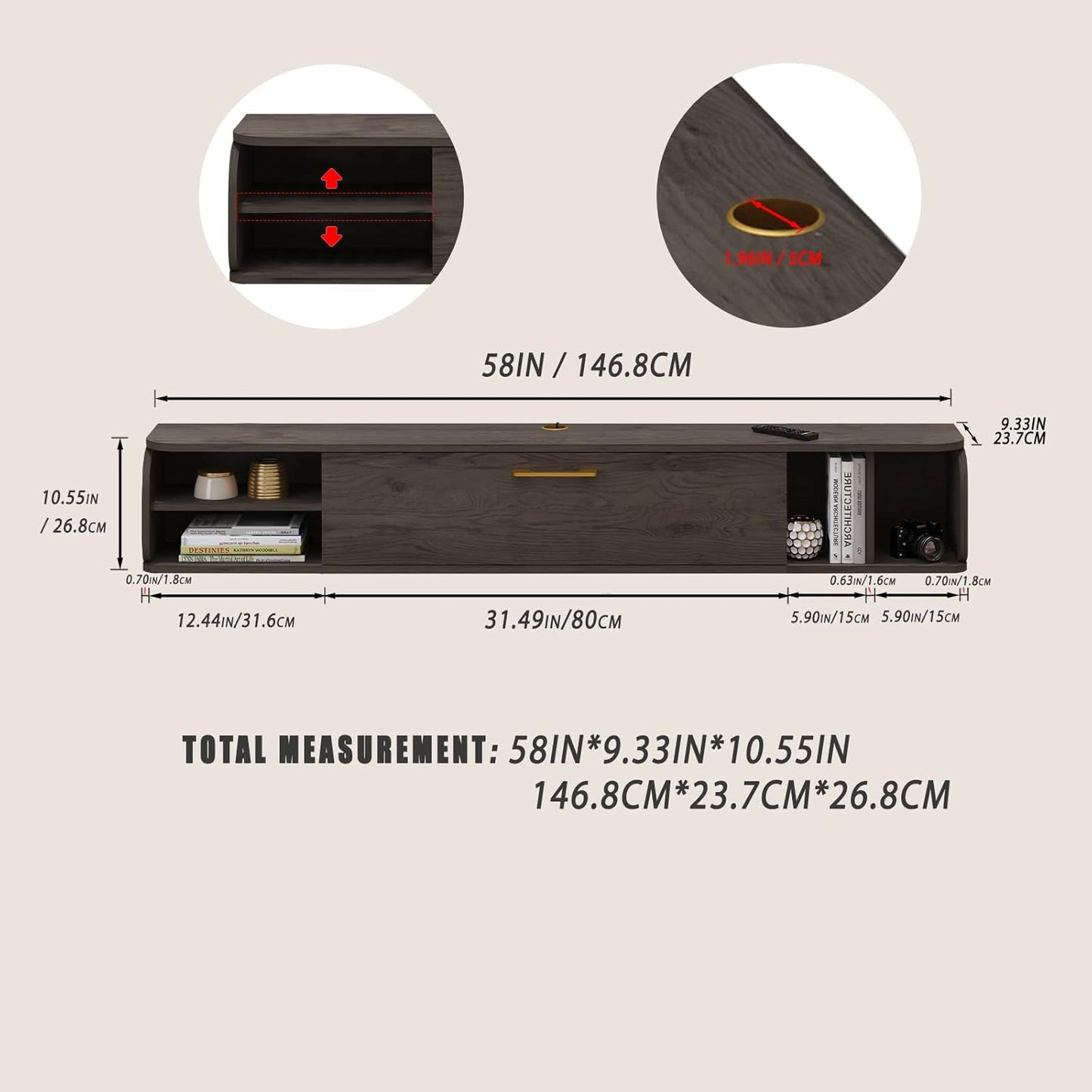 Floating TV Unit, 58'' Wall Mounted TV Cabinet, Floating Shelves with 4 Cabinets, Wooden Entertainment Media Console Center Large Storage TV Bench for Living Room & Office (58IN, Dark Grey)