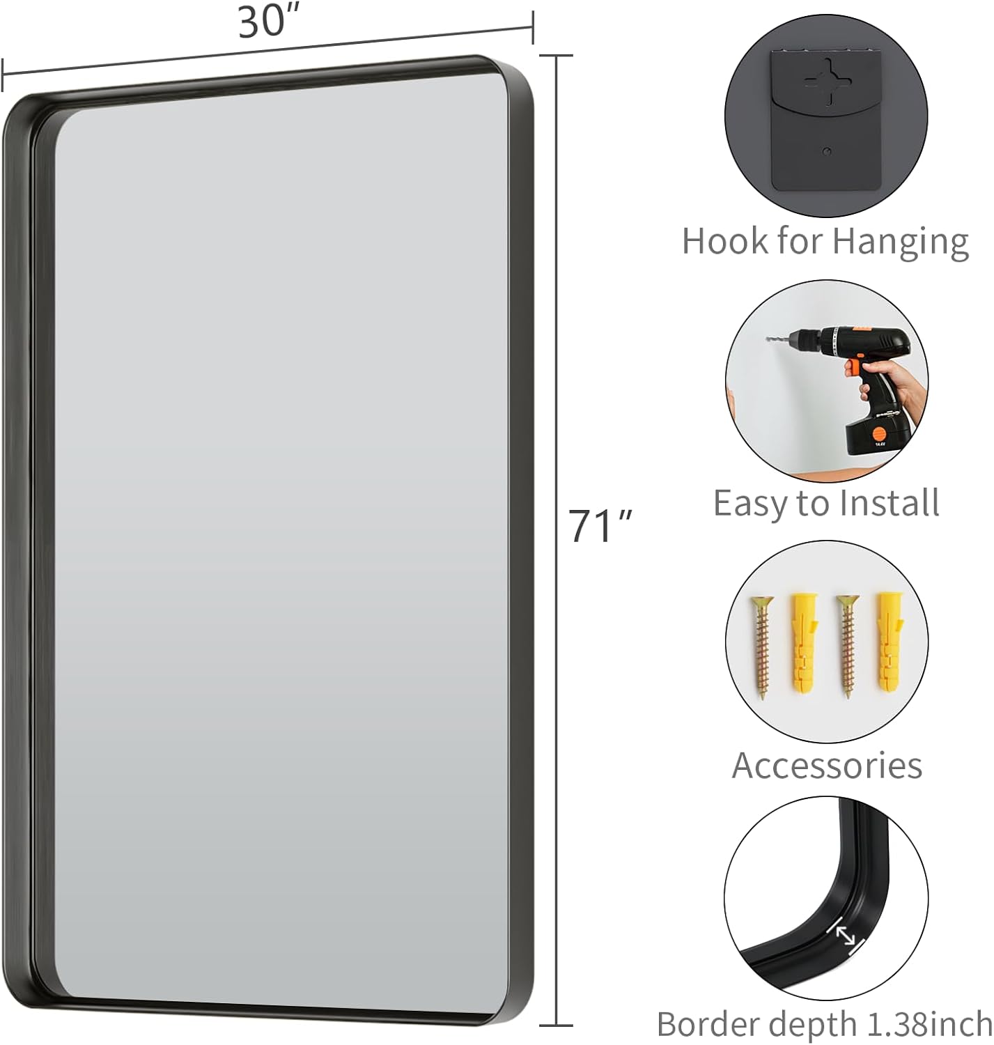 Koonmi Black Bathroom Mirror for Wall, 30x71 Inch Matte Metal Deep Framed Rounded Corner Wall Mirror, Shatterproof Tempered Glass for Farmhouse Bedroom Entryway, Vertically or Horizontally