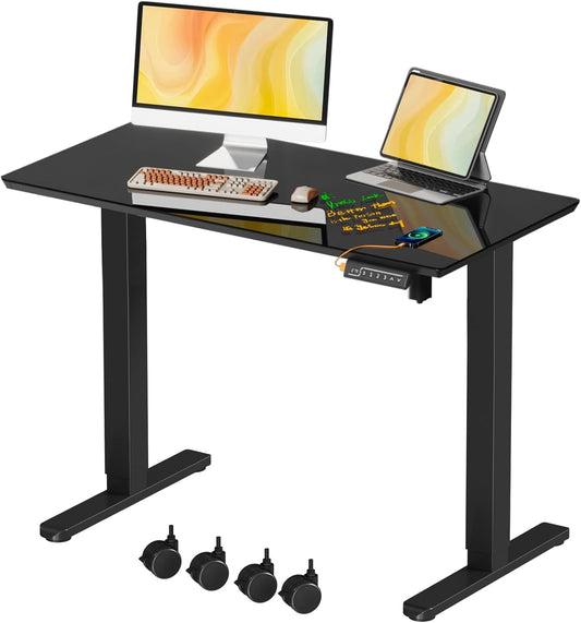 JOY worker Small Electric Standing Desk, 40" x 20" Whole Glass Piece Height Adjustable Desk with Memory Controller, Sit to Stand Desk Workstation for Home Office, Black