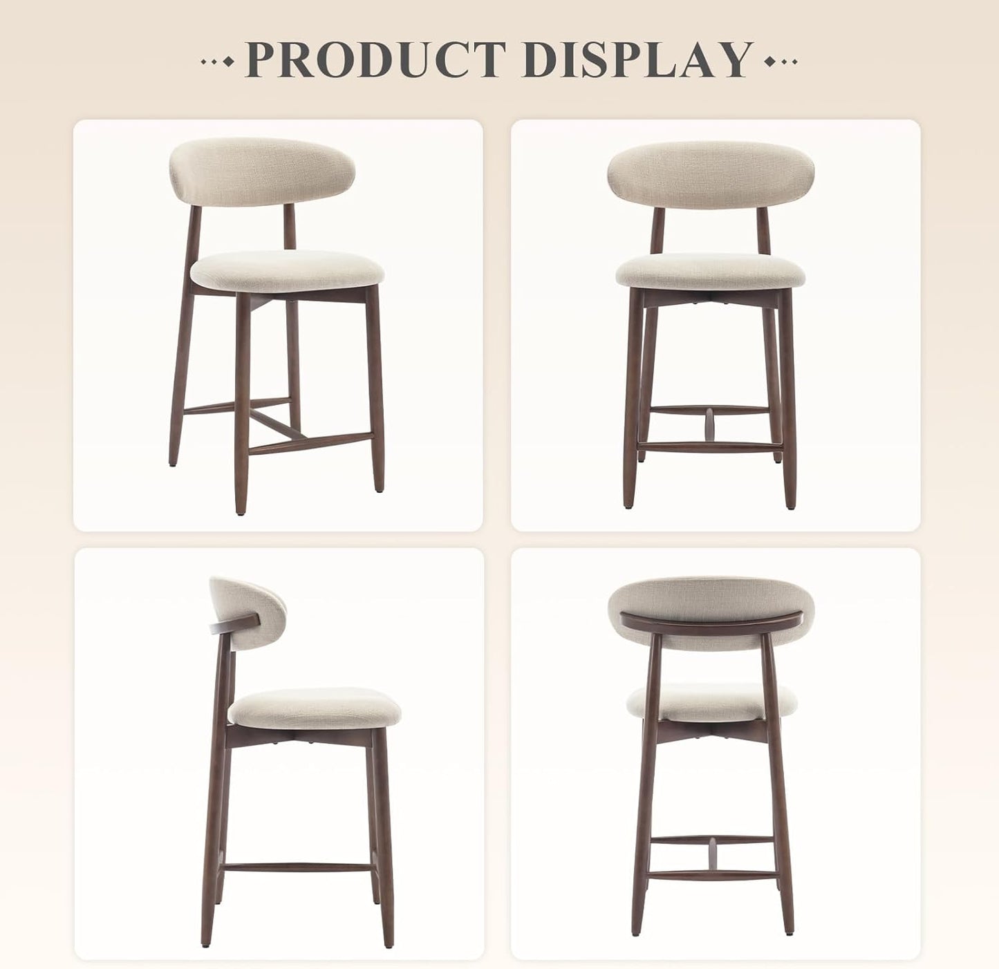 COLAMY Counter Height Bar Stools Set of 2, Kitchen Bar Stools with Back, Mid Century Modern Upholstered, with Wood Legs for Kitchen Island Dining Room, Beige