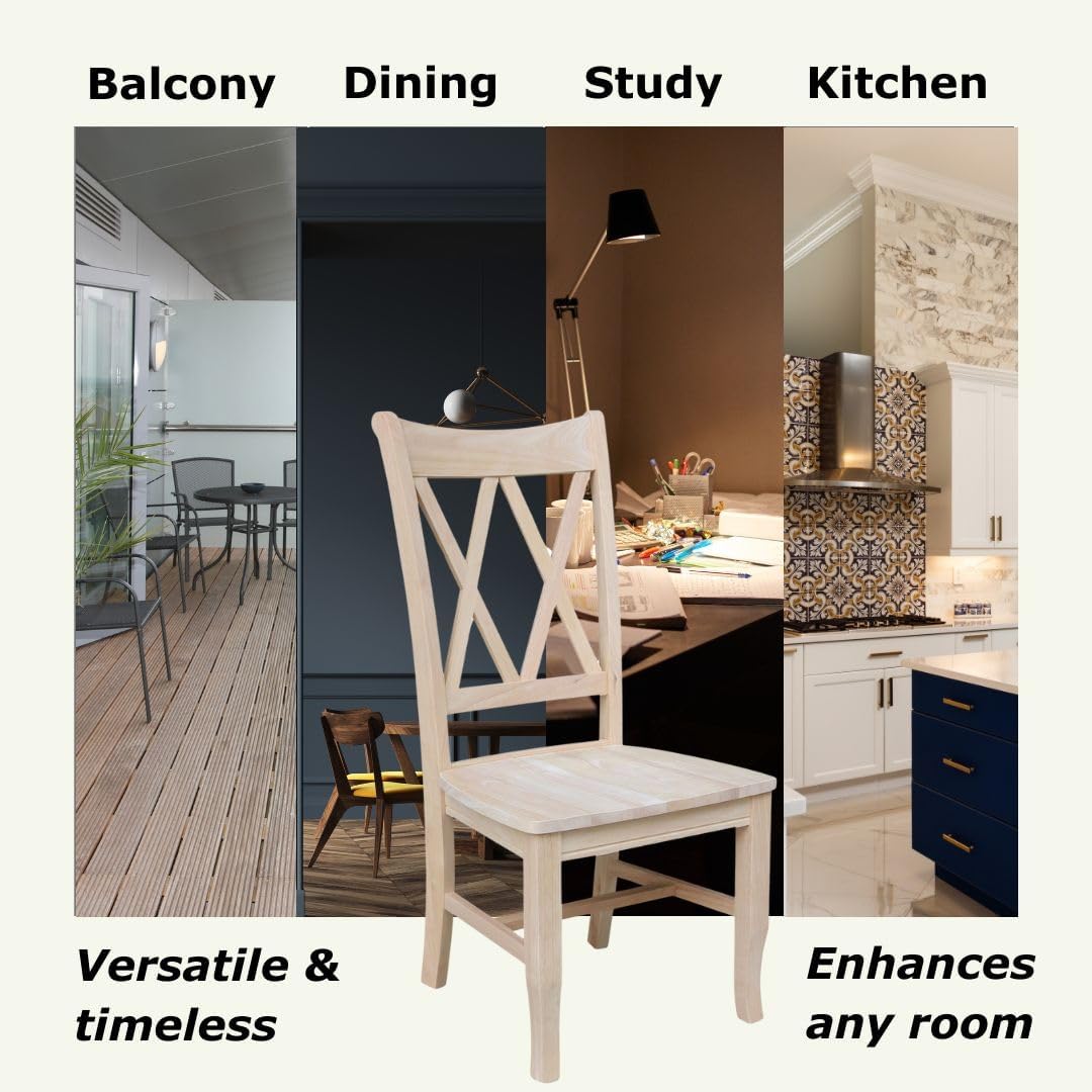 IC International Concepts, Set of 2 Double X-Back Dining Chairs, Armless, Real Wood, Kitchen/Dining/Accent, 19.9"W x 22"D x 41.3"H, 225 Lbs Wt. Capacity, DIY, Paint/Stain In Any Color, Unfinished