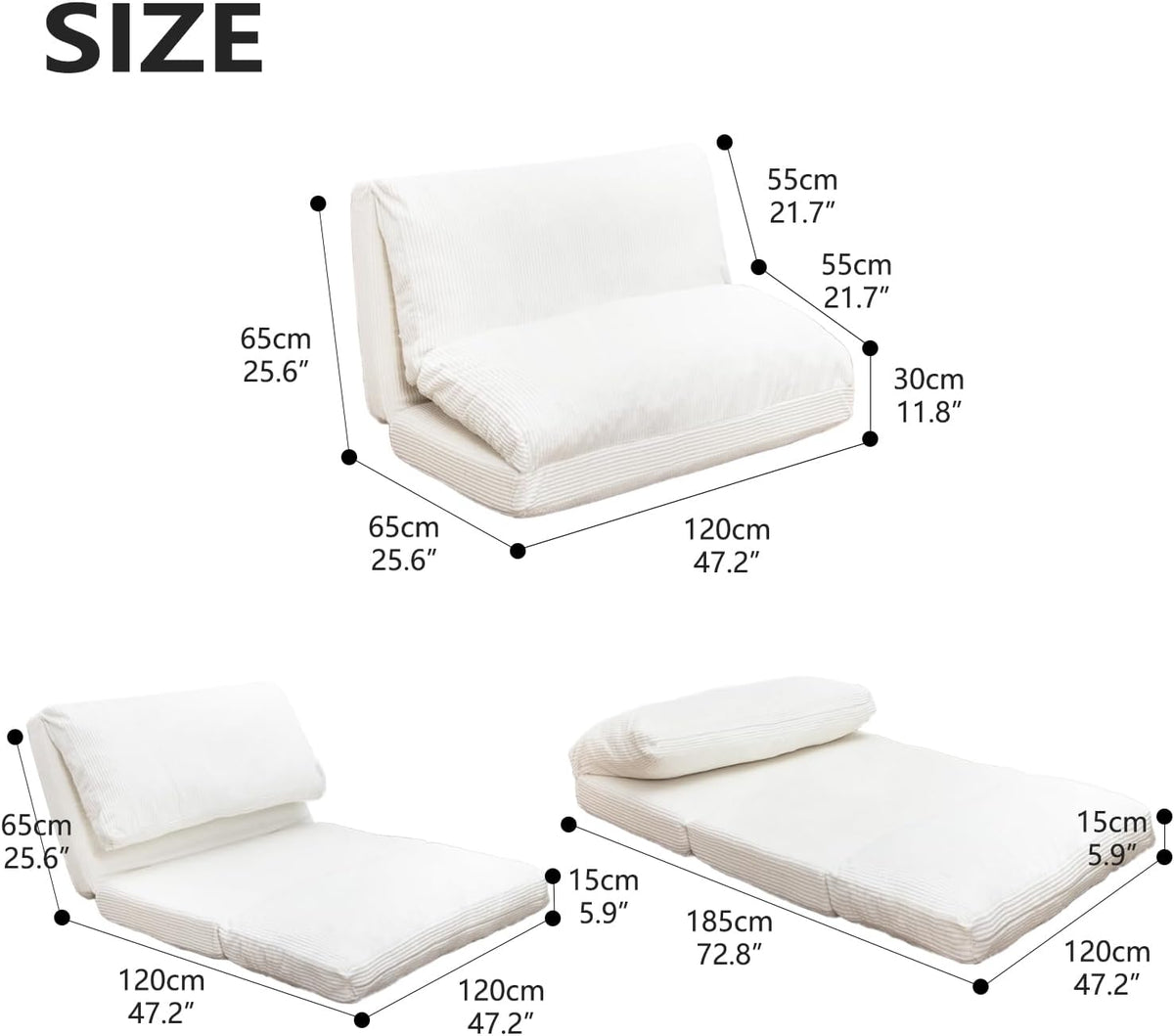 N&V Folding Matress Sofa Bean Bag Bed, Foam Filling Folding Matress Sofa, Includes Removable and Machine Washable Cover, Soft Premium Corduroy (Medium, Ivory)