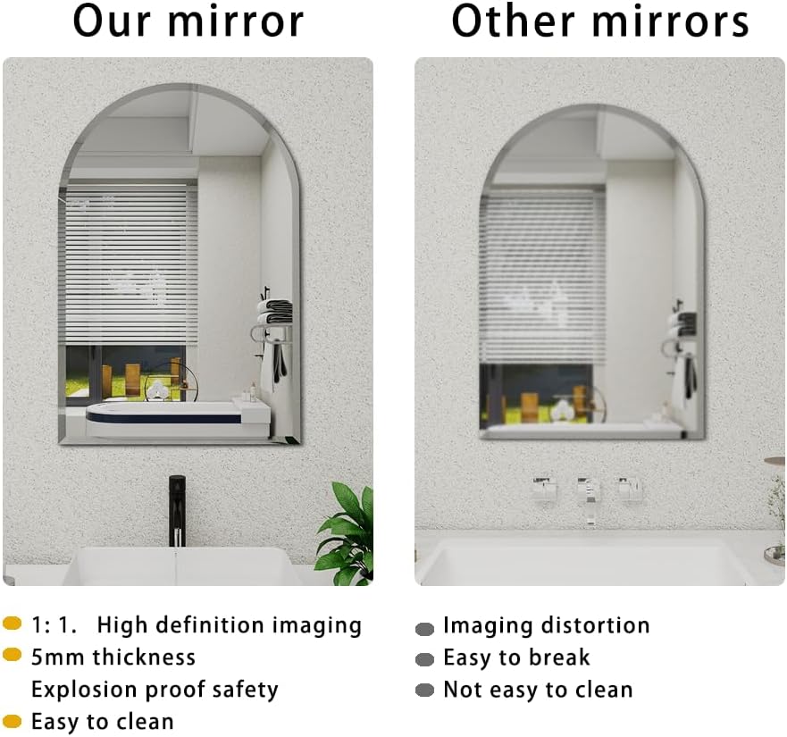 Arched Bathroom Mirror, 24X36 inch Arched Frameless Mirror, Arch Wall Mirror，Frameless Mirrors for Bathroom,Beveled Bathroom Mirror.