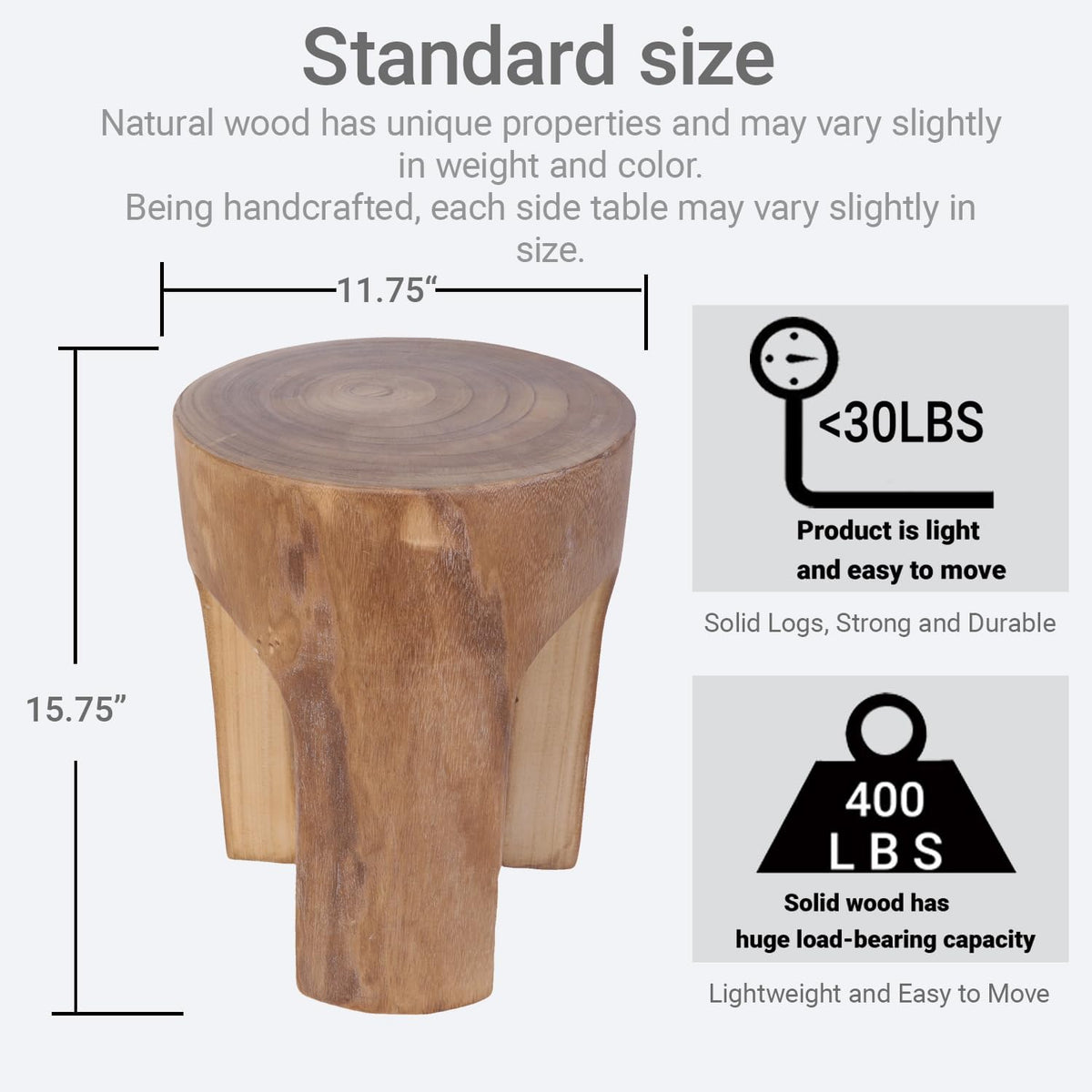 Athaliah Wood Side Table Stump, 15.75" H Rustic End Table Stool, Round Wooden Tree Stump for Garden Patio Lawn Home Decor