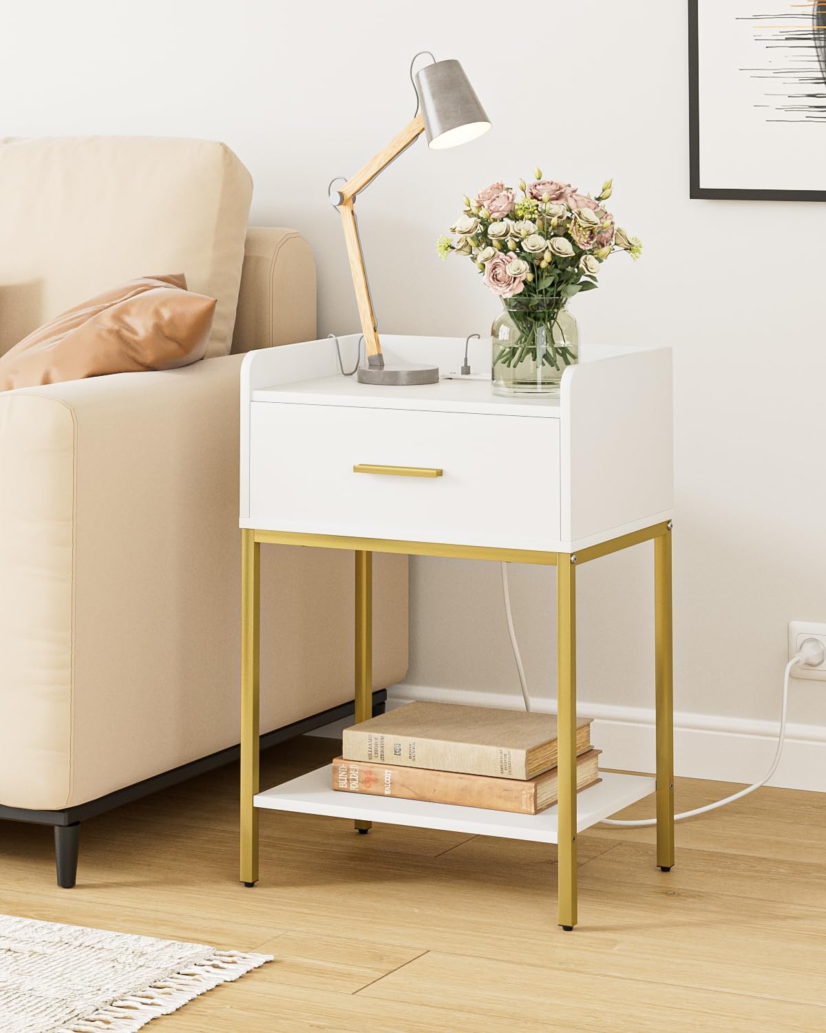 Nightstand with Charging Station,3-Tier Bedside Table for Small Space,Modern Night Stand with Storage Drawer and Shelf,Small Side Table for Bedroom,Living Room,White