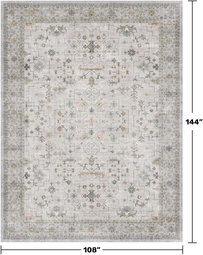 Boho Light Grey Living Room Rug 9x12 - Modern Vintage Eclectic Floral Pastel Neutral Taupe, Washable Low Pile Non-Slip Extra Large Area Rugs for Dining Under Table Bedroom