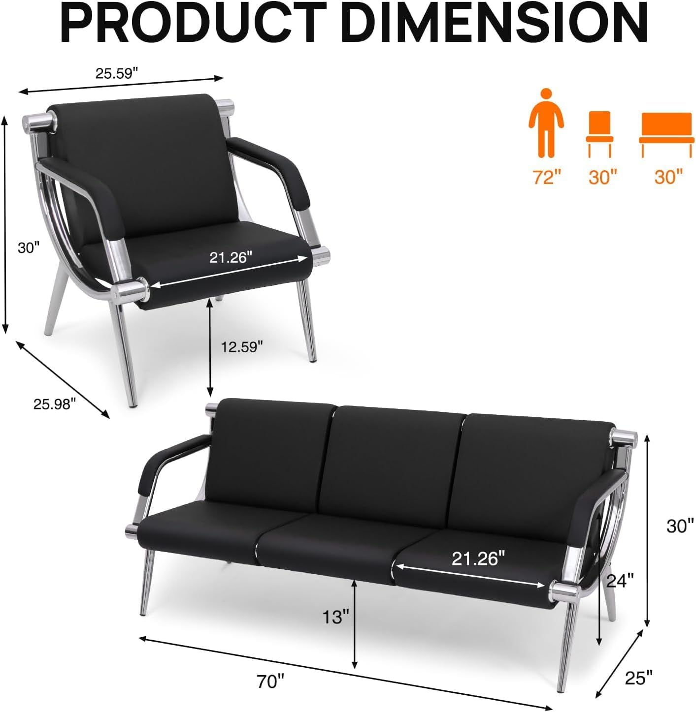 wonline 5 Seat Waiting Room Chair with Armrest PU Leather Office Furniture, Office Guest Seating Lobby Conference Reception Chairs for Airport Clinic Hospital Bank Salon Barber(Black)