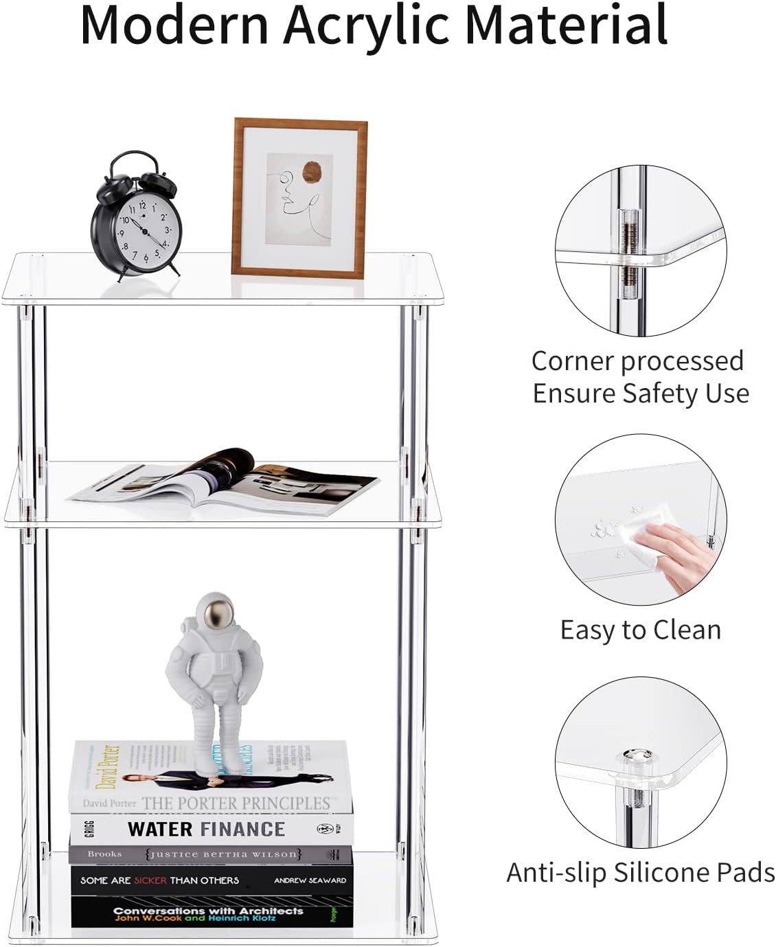 Clear Acrylic Side Table, 3-Tier End Table for Living Room, Small Bedside Tables Nightstand for Bedroom Set of 2, Home Decor Accent Table, 15.7" L x 11.8" W x 23.6" H