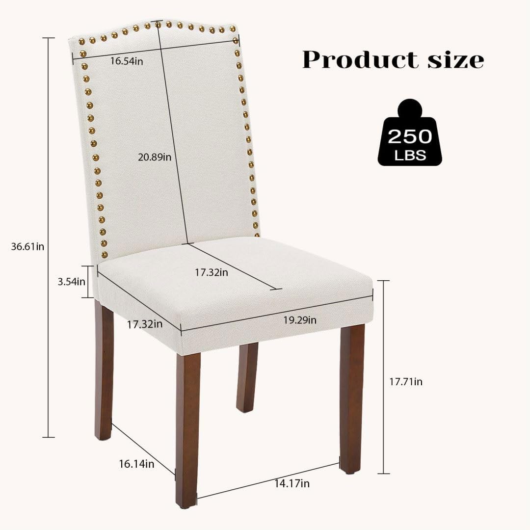 Kitchen Chairs Set of 2 Modern Upholstered Fabric Seat with Nailhead Trim and Ergonomic Lumbar Support for Living Room and Rustic Farmhouse Dining Area, Beige