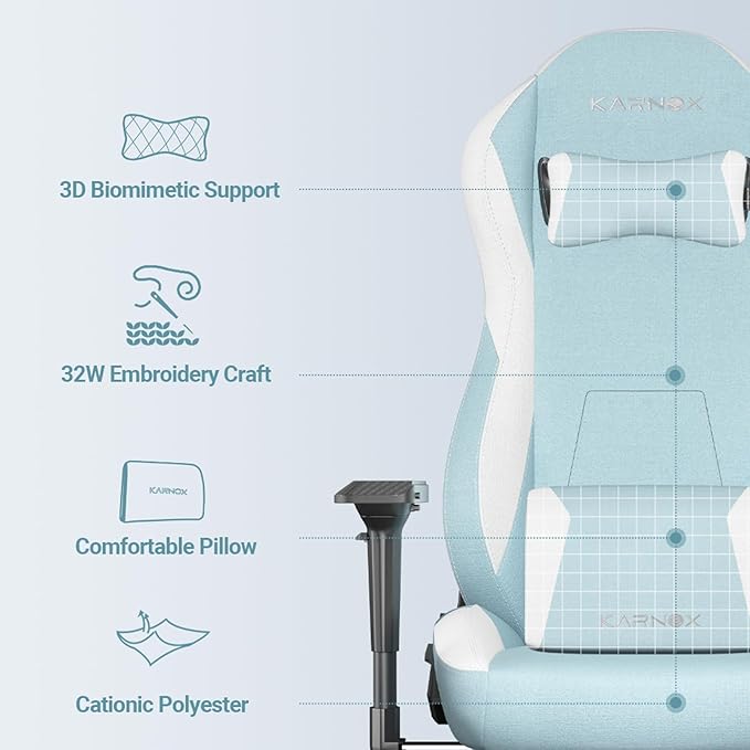 KORNOX Ergonomic Gaming Chair Fabric with Footrest for Adults,Office Chair High Back,Game Chair Racing Cloth Height Adjustable,Game Chair with Headrest and Lumbar Support for Girls,White and Blue