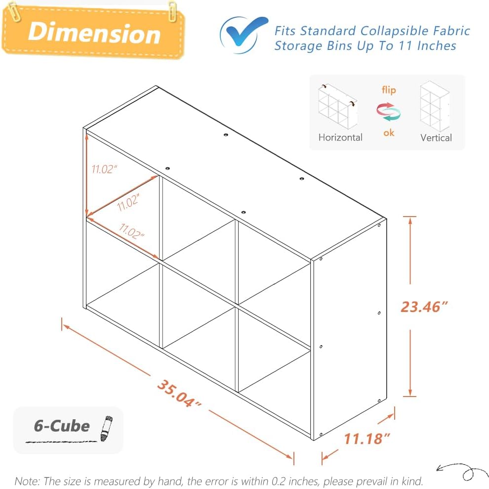 6 Cube Organizer Bookcase - Fabric Storage Bins Container, Open Shelf Simple Compartments Bookshelf, Oak