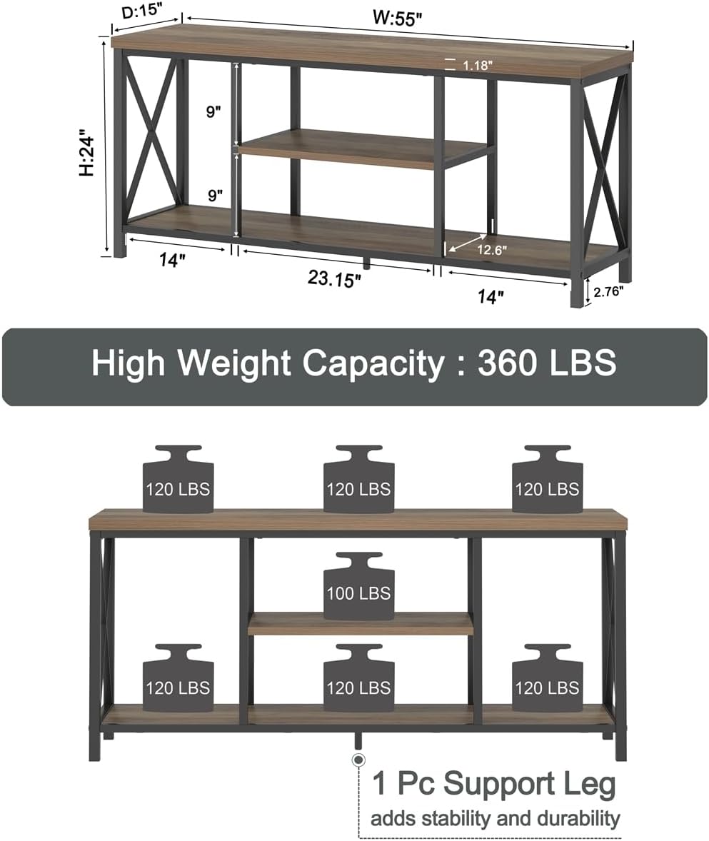 FOLUBAN TV Stand for TV up to 65 inch, Rustic Wood and Metal Entertainment Center with Storage Shelves, Modern Industrial Media TV Console Table for Living Room, Oak 55 inch