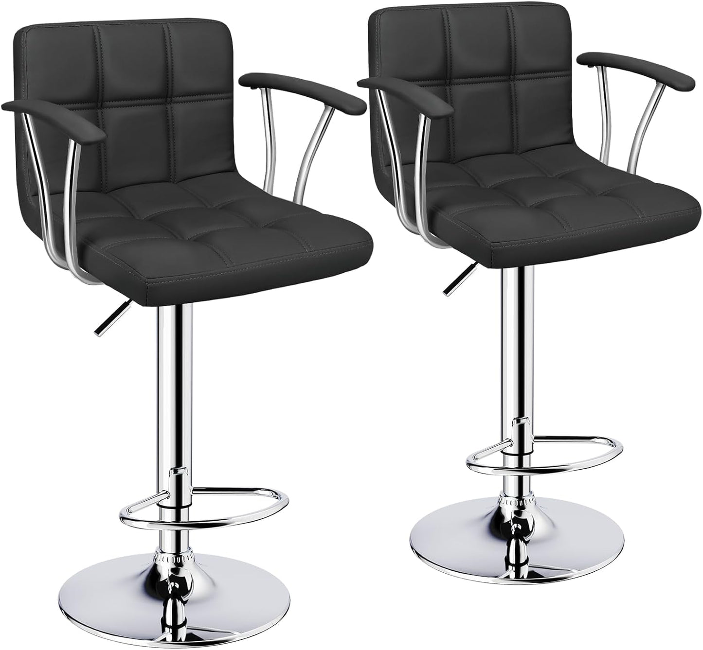 Bar Stools Set of 2,Armrest Adjustable Swivel Barstools with Back,Double Needle PU Leather Counter Height Bar Stools for Kitchen Island, Black