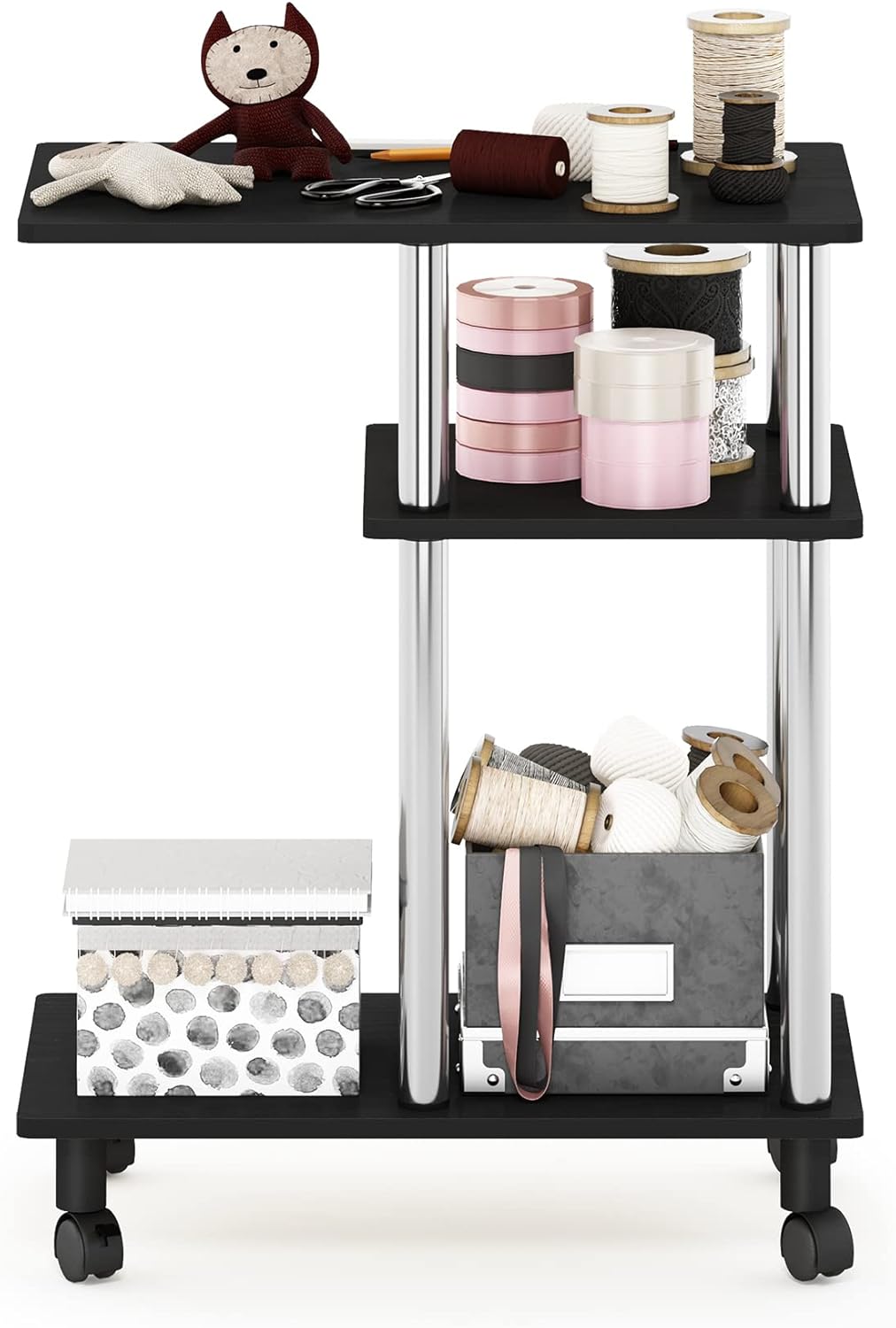 Furinno Turn-N-Tube C Shaped Side Table with Casters, Americano/Stainless Steel