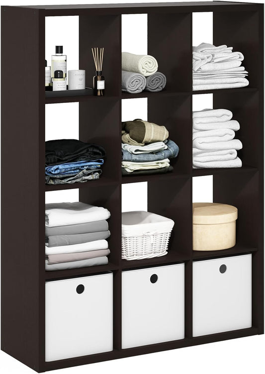 Furinno Cubicle Open Back Decorative Cube Storage Organizer, 12-Cube, Black Dark Oak