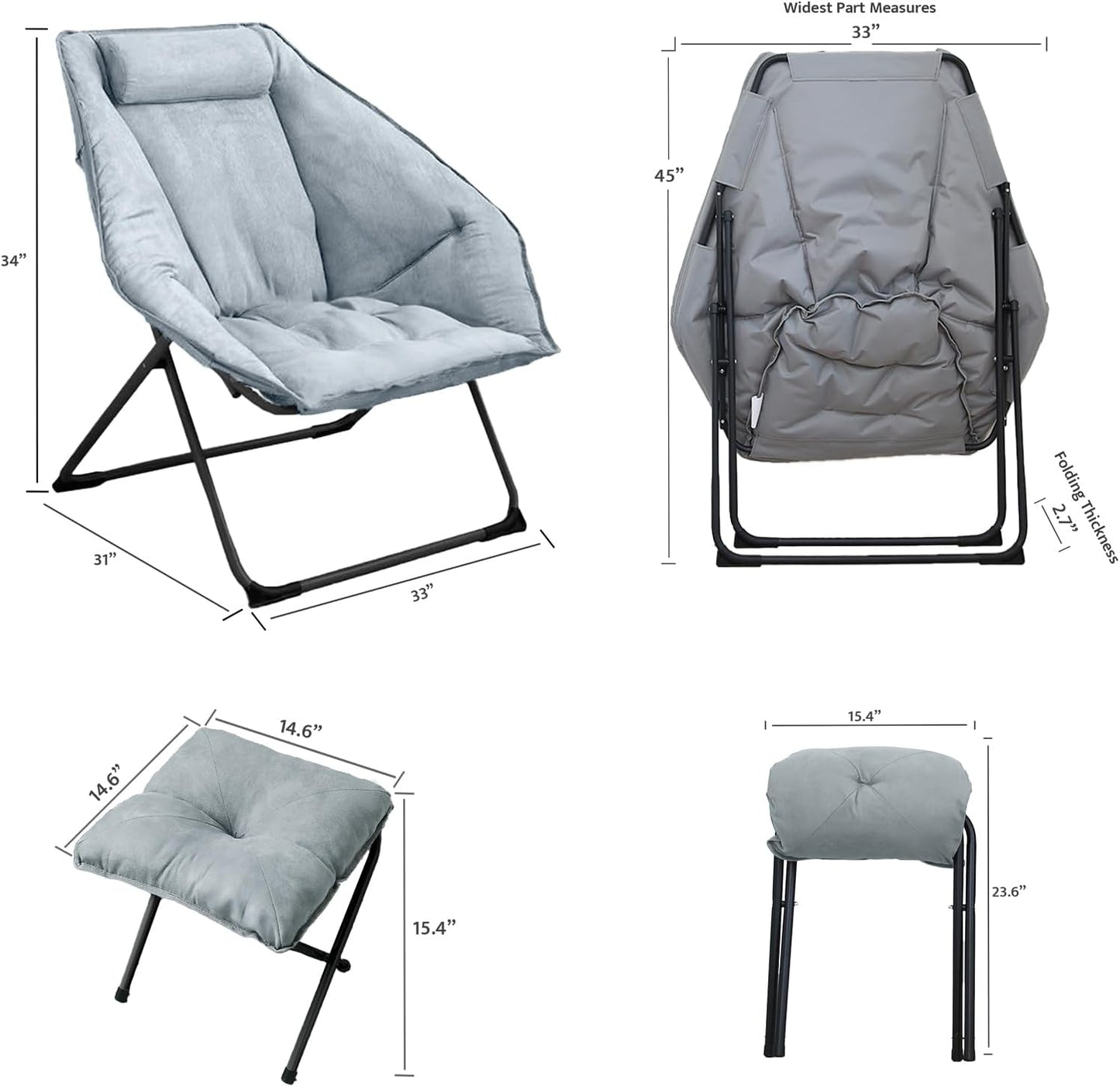 Hexagon Foldable Living Room Chair, Saucer Chair for Adults, Comfy Bedroom Lounge Chair, Moon Chair, Lazy Folding Chair for Dorm Rooms (Ottoman-Grey)