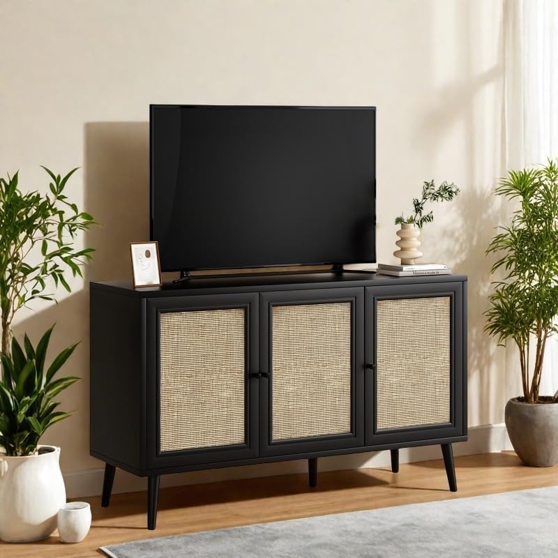 Rattan Entryway Table, Entertainment Center with Adjustable Shelf, Sideboard Buffet Cabinet with 3 Rattan Doors, Modern Console Cabinet with Large Storage for Living Room, Kitchen, Black