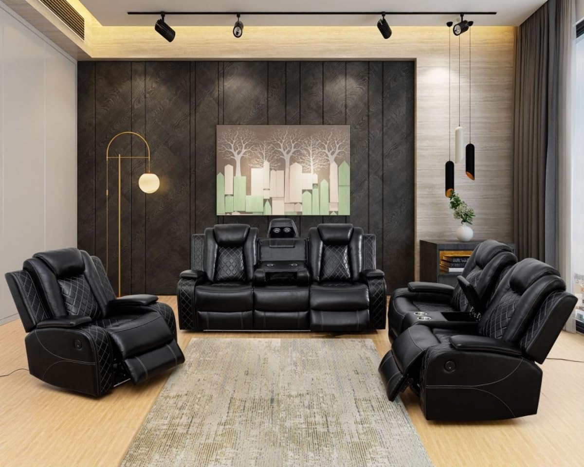 Electric Power Recliner Chair/Loveseat/Sofa Living Room, Comfy Home Theater Breathing Leather Seating with USB 2.0 Charging Ports, LED Light Strips, Fold-Down Table & Cupholders (Black, 3-Piece)