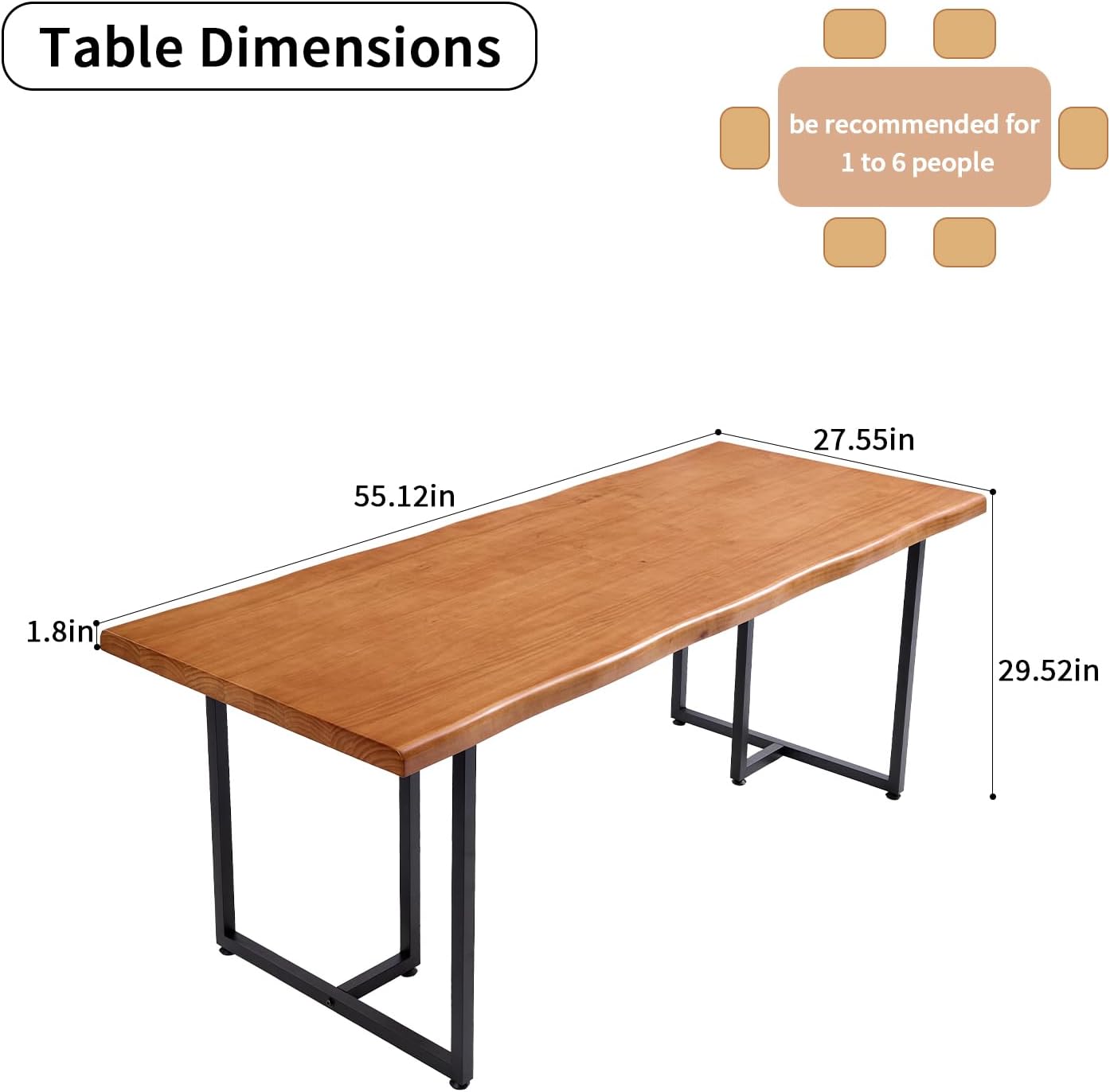 Solid Wood Administrative Desk, Dining Table with Durable Metal Legs, Uniquely Designed Leisure Table, Perfect for Restaurants and Home Offices, (Wood Brown, 55.12in)