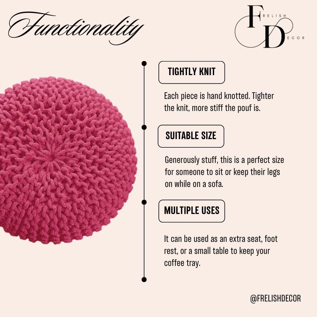 FRELISH DECOR Round Pouf Ottoman Hand Knitted 100% Cotton Pouf Foot Stool - Knitted Bean Bag - Floor Chair for Living Room - Bedroom Foot Rest for Couch (20 Diameter x 14 Height) - Dark Pink