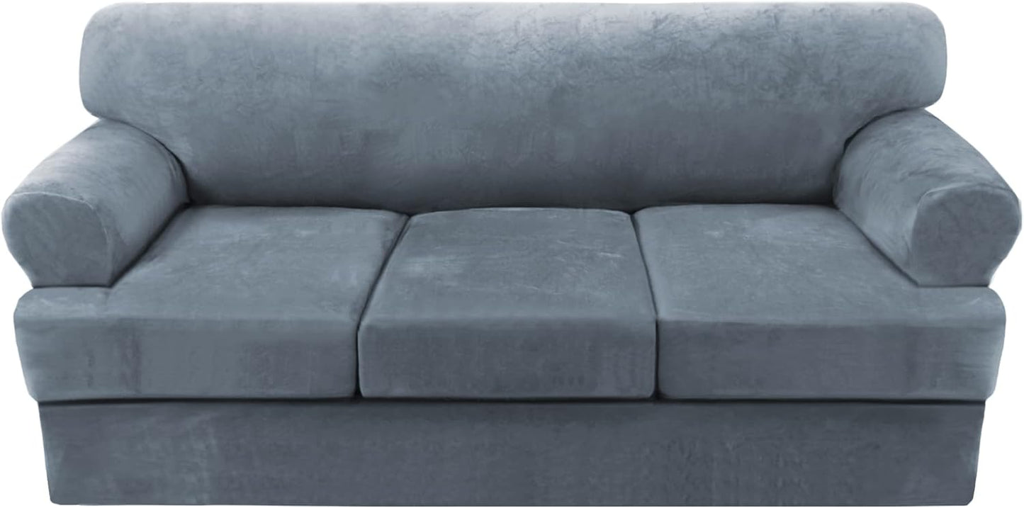 H.VERSAILTEX Sofa Cover 4 Piece T Cushion Sofa Slipcovers Thick Velvet Couch Cover Furniture Protector Stretch Sofa Covers for 3 Cushion Couch with 3 Individual Covers Washable, Stone Blue