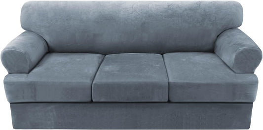 H.VERSAILTEX Sofa Cover 4 Piece T Cushion Sofa Slipcovers Thick Velvet Couch Cover Furniture Protector Stretch Sofa Covers for 3 Cushion Couch with 3 Individual Covers Washable, Stone Blue