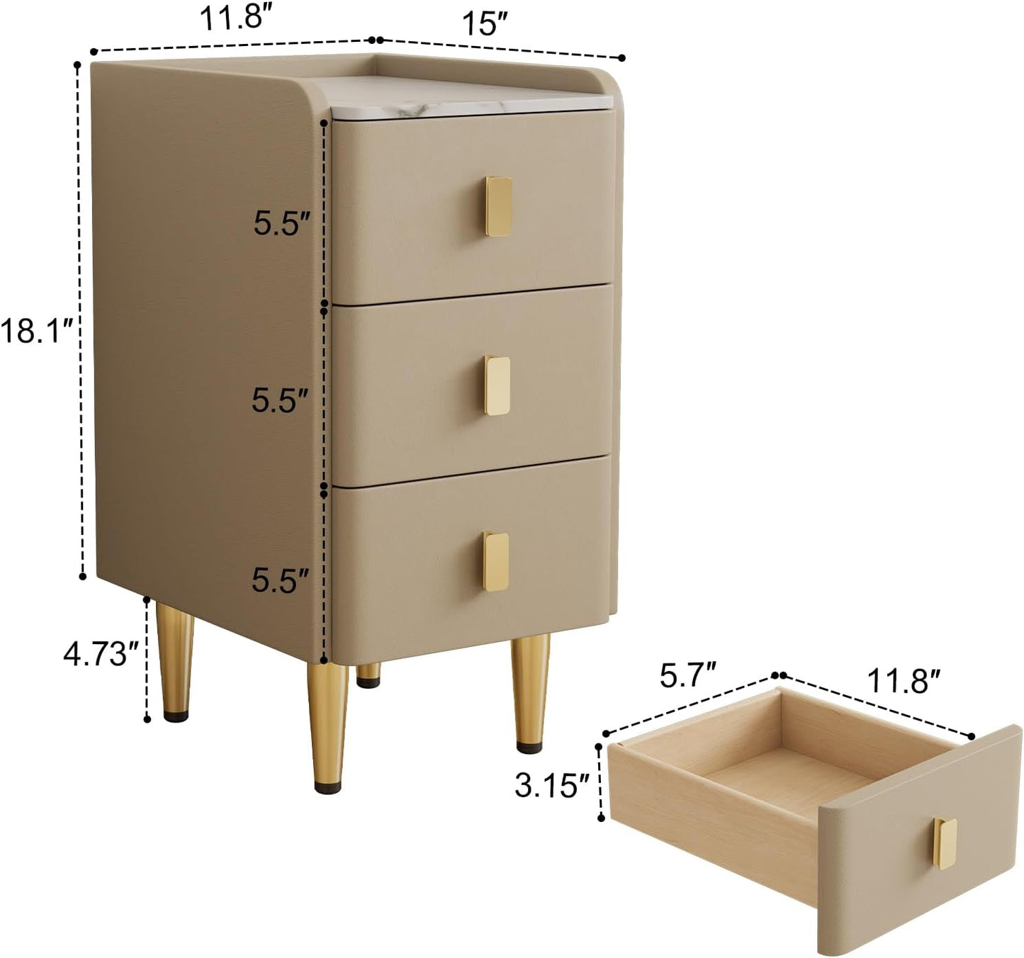 Narrow Nightstand with Drawers, Narrow Side Table Leather, Small Bedside Tables for Bedroom. (Beige)