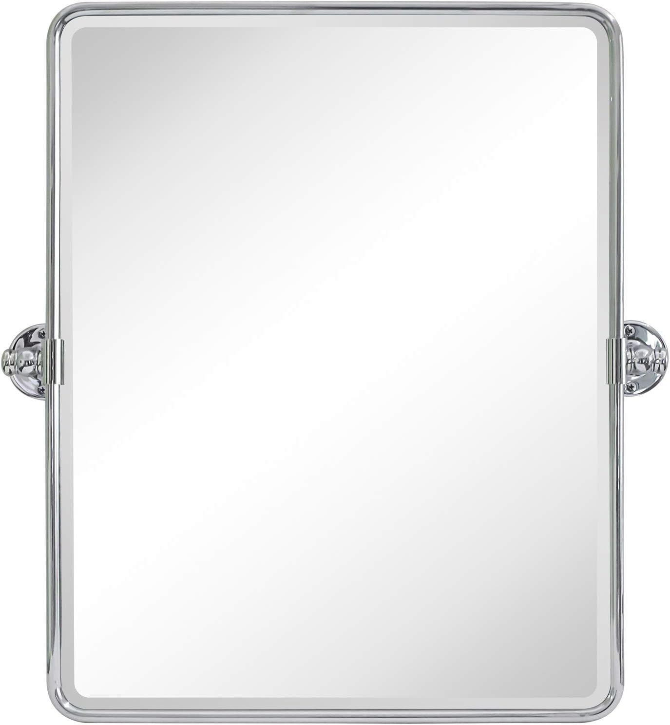 TEHOME 20 x 24 inch Farmhouse Chrome Metal Framed Pivot Rectangle Bathroom Mirror Rounded Rectangluar Tilting Beveled Vanity Mirrors for Wall