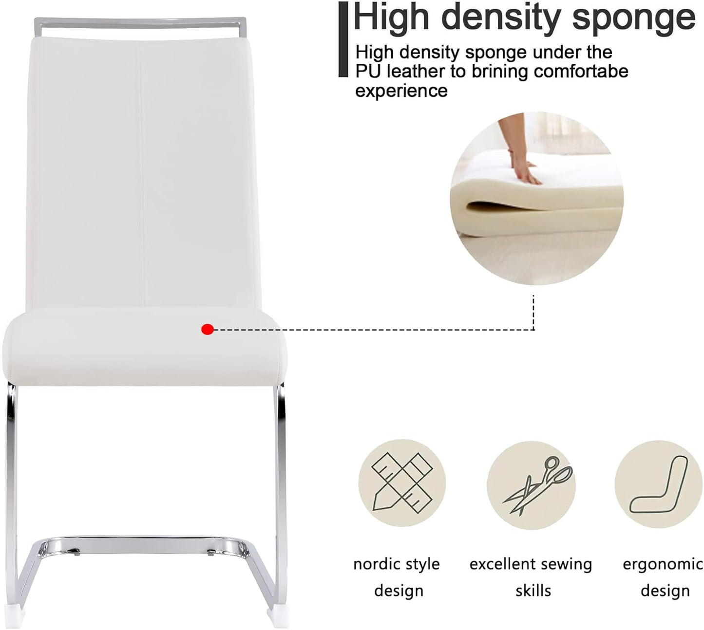 Dining Chairs Set, Kitchen Modern Metal Chairs with Faux Leather Padded Seat High Back and Sturdy Chrome Legs, Chairs for Dining Room (White, Set of 2)