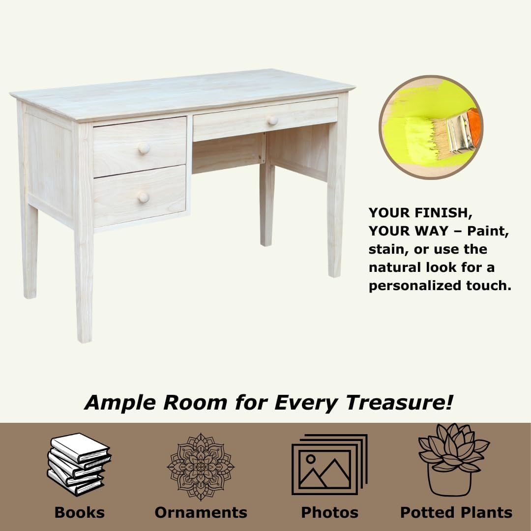 IC International Concepts, Brooklyn Desk, Solid Real Wood, Sturdy Parawood, DIY, Paint/Stain Ready, Unfinished
