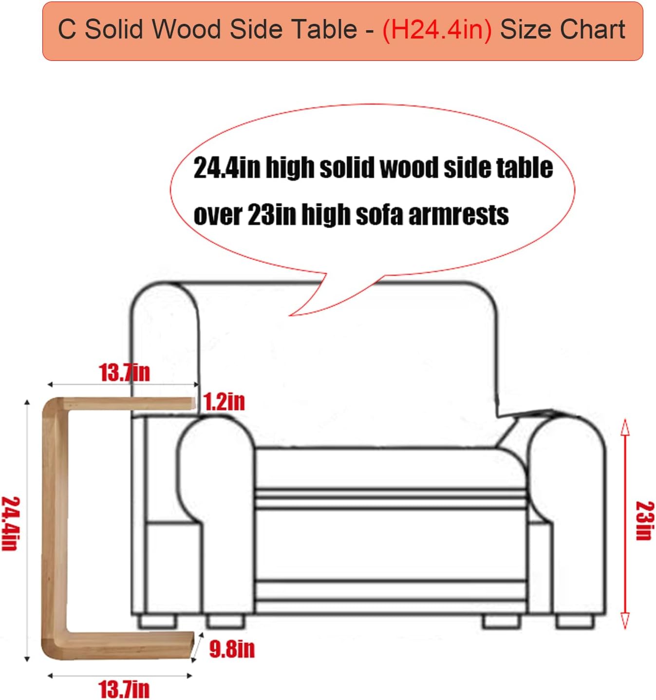 C Shaped End Table, Solid Wood C Side Table for Couch Sofa and Bed, Sofa Tables That Slide Under for Space Saving, Small Snack C Tables for Living Room Bedroom (H 24.4″ - Black, 1)