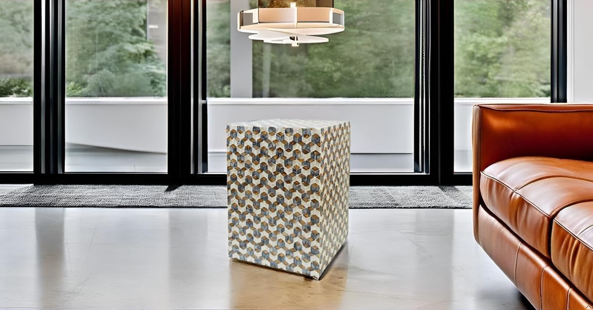 PEMAR Mother of Pearl Square Drum End Table Nacre Lacquer Side Bedside Accent Table and Vanity Stool for Living Room Bedroom (Geometric Cube)