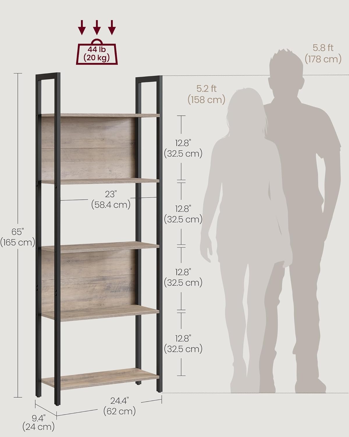 VASAGLE 5-Tier Bookshelf, Book Shelf, Industrial Bookcase, with Steel Frame, for Living Room, Home Office, Bedroom, 9.4 x 24.4 x 65 Inches, Greige and Black ULLS025B02