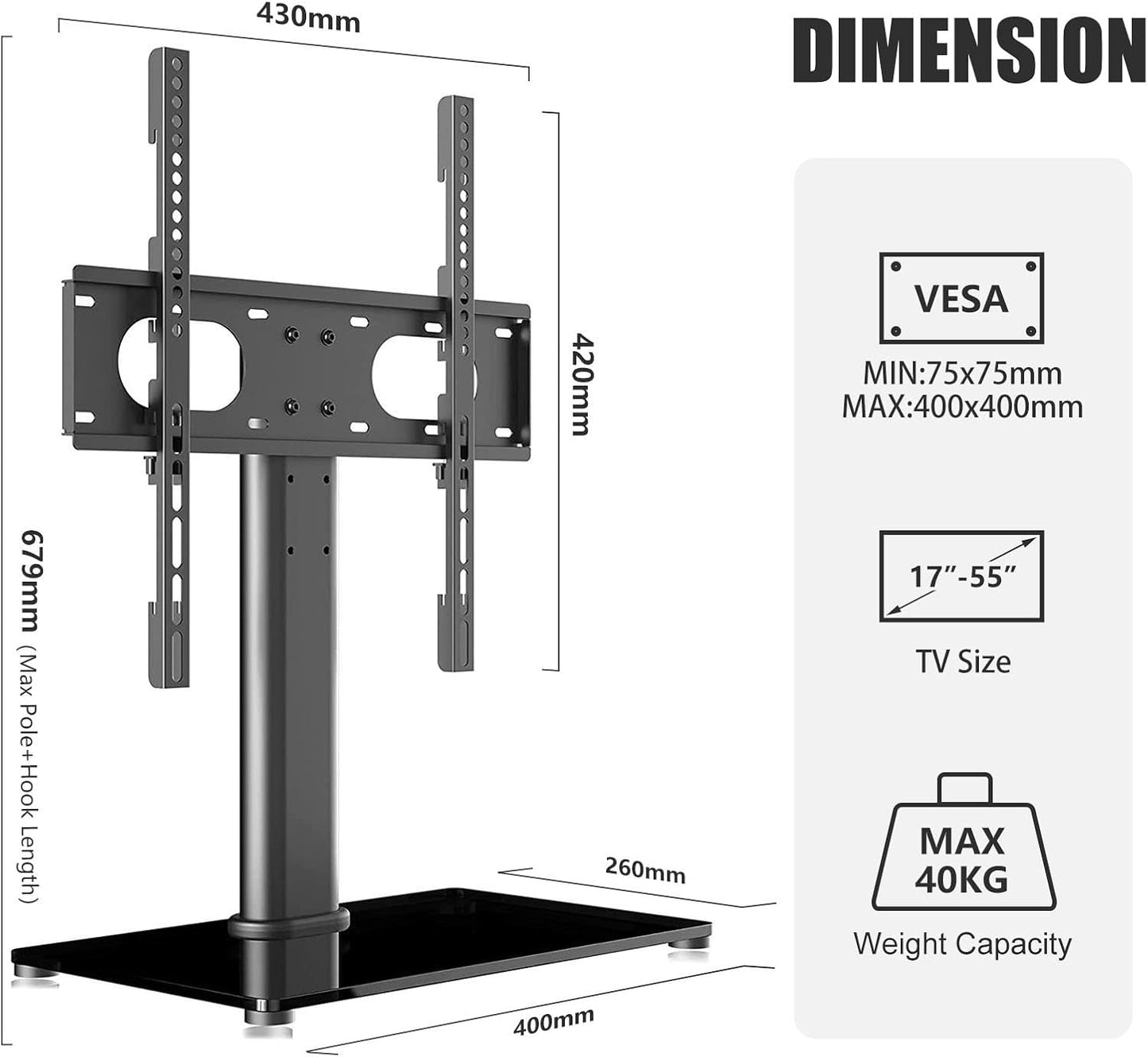 Suptek Universal Table Top TV Stand, Pedestal TV Stand for 17-55 inch Screens, Height Adjustable TV Base Stand with Tempered Glass Base and Wire Management, Holds up to 40kg, VESA 75/400mm, TS001-02