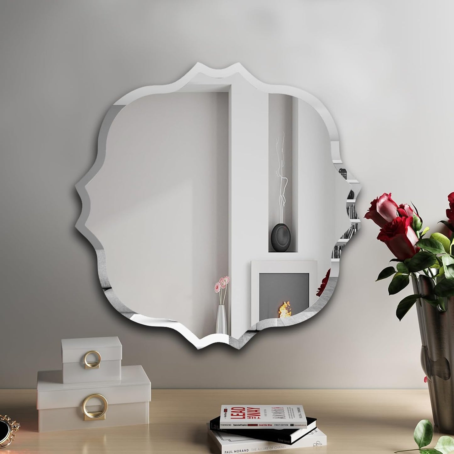 KOHROS Square Scalloped Bathroom Mirror 24" Frameless Beveled Bathroom Vanity Mirror, Anti-Rust, Tempered Glass, Wall Mirror for Bathroom Entryway Bedroom