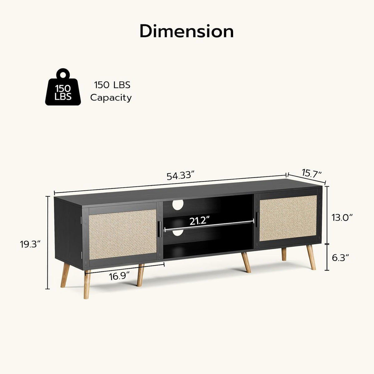 TV Stand for TVs up to 65'', Entertainment Center with Rattan Door, Shelves & 2 Cabinets, Boho Media TV Console for Living Room, Bedroom, Black
