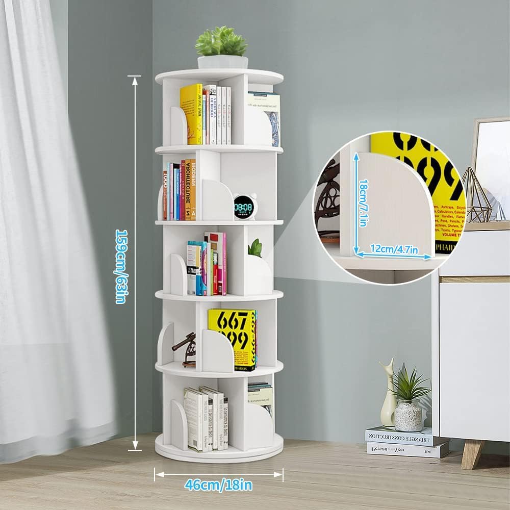 Nisorpa 5 Tier Rotating Bookshelf, 360° Revolving Bookcase Rotating Stackable Shelves Floor-Standing Storage Display Rack Used in Bedrooms Living Rooms Study Office (63"x18"x18")