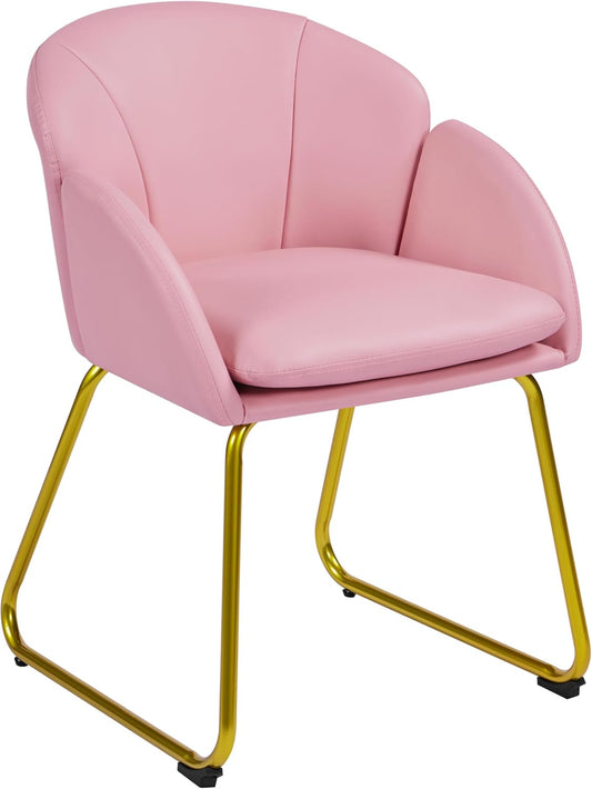 Yaheetech Modern PU Leather Armchair, Flower Shaped Makeup Chair Vanity Chair with Golden Metal Legs for Living Room/Makeup Room/Bedroom/Home Office/Kitchen, Simple Pink