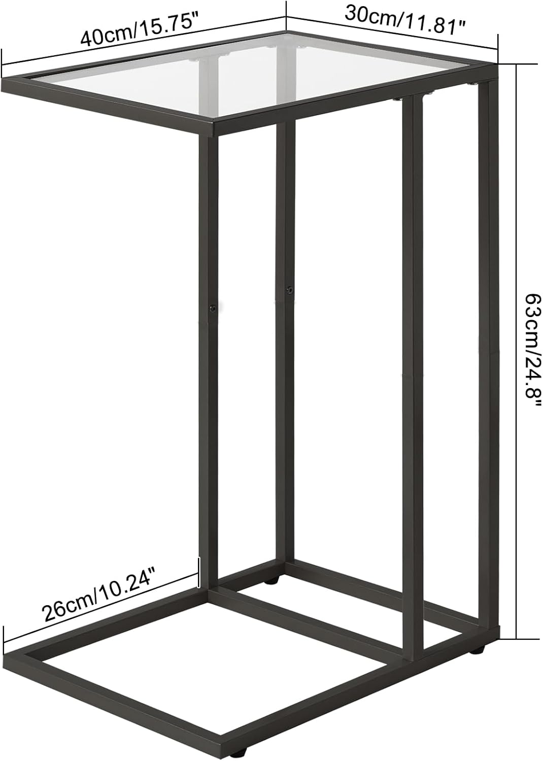 YMYNY C-Shaped End Table, Tempered Glass Sofa Side Table, nightstand for Small Place,Coffee Table for Hallway Office Bedroom Living Room, Metal Frame, Black, 24.8 * 15.75 * 11.8" UHGD001B