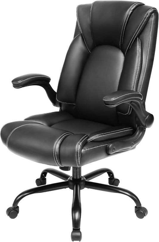 OUTFINE Flip-up Arms Office Chair 300lbs Executive Chair Swivel Office Chair with hydrolysis-Resistant Leather Spring Cushion Thick Padding and Ergonomic Design (Black, Flip Arm Medium)