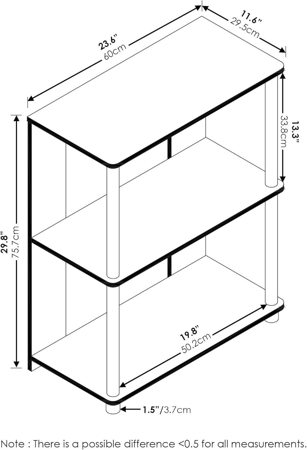 Furinno Jaya Simple Design 3-Tier Bookcase/Bookshelf/Display Rack with Stainless Steel Tubes, Americano