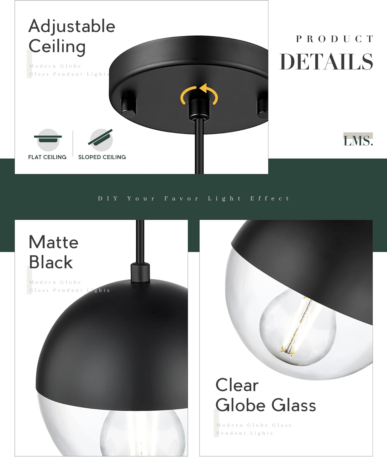 LMS 6-inch Modern Pendant Light, Matte Black Kitchen Pendant Light with Clear Globe Glass, Adjustable Hanging Farmhouse Pendant Light Fixtures for Dining Room Living Room Kitchen Island, LMS-186BKCS