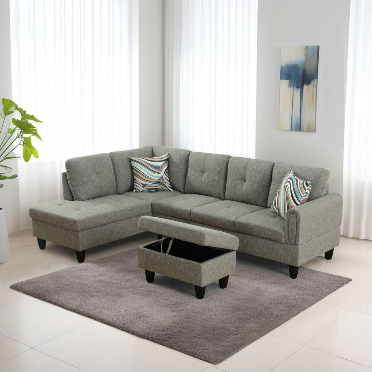 Grey-2 L-Shaped 3-Piece Linen Sofa with Storage Ottoman Set, Sectional Couch Sofa Set for Living Room, Office, Small Space