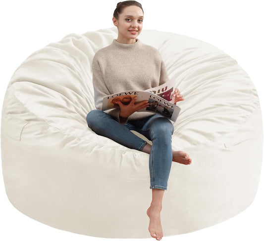 6FT Bean Bag Chair, Large Bean Bag Chairs with Memory Foam Filled, Fluffy Beanbag Sofa with Dutch Velvet Cover, Round BeanBag Chairs for Living Room, Playroom- Beige