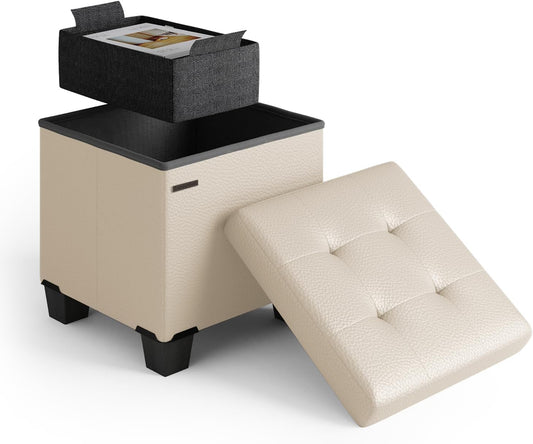 STORAGEBUD Storage Ottoman Cube with Small Bin, 16-in Square Ottoman with Storage for Living Room and Bedroom, Small Ottomans Foot Rest, Faux Leather Foot Stools Ottomans Max 330lbs, Beige