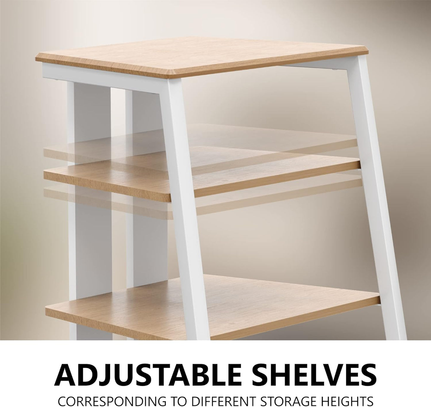 FITUEYES Design 4-Tier AV Media Stand Corner Shelf Stand Wooden Corner Shelves Component Cabinet Stereo Rack Audio Tower with Height Adjustable Wooden Shelves for ps4 (White Oak)