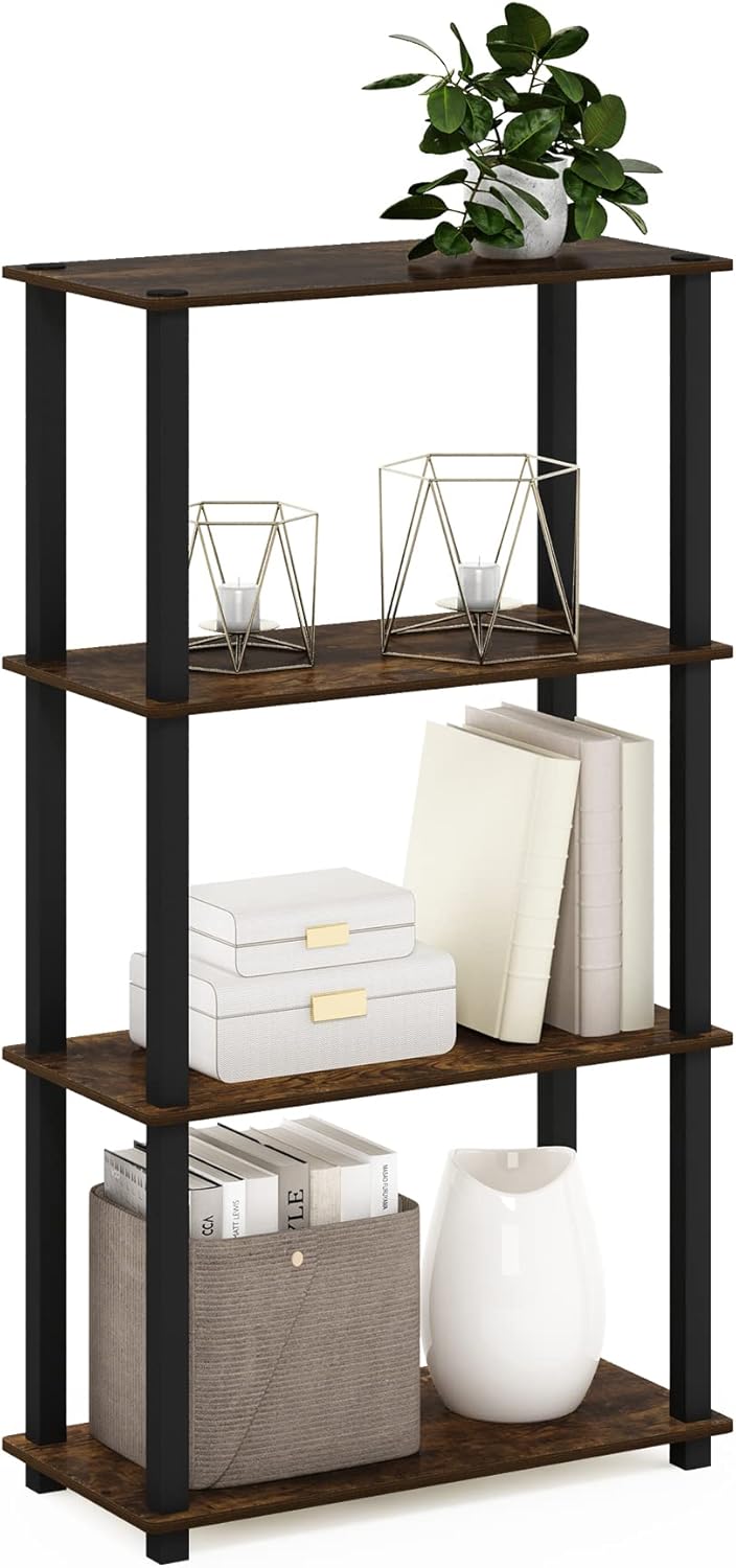 Furinno Turn-S-Tube 4-Tier Compact Multipurpose Shelf Display Rack with Square Tube, Amber Pine/Black