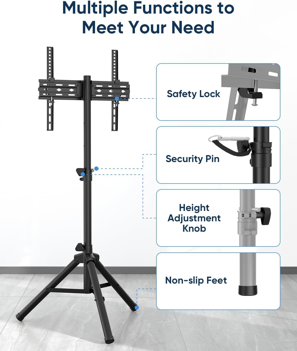 FORGING MOUNT Tripod Portable Floor TV Stand,Foldable Stand Height Adjustable for Portable Display Floor TV Stand 26-65" Flat Screen/Curved TVs, Holds Up to 77lbs